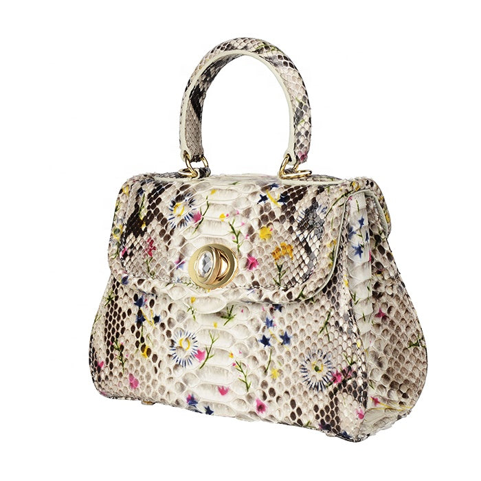 Custom Women Authentic Pyhthon Snake Skin Leather Vintage Handbag With Flower Print - jranter