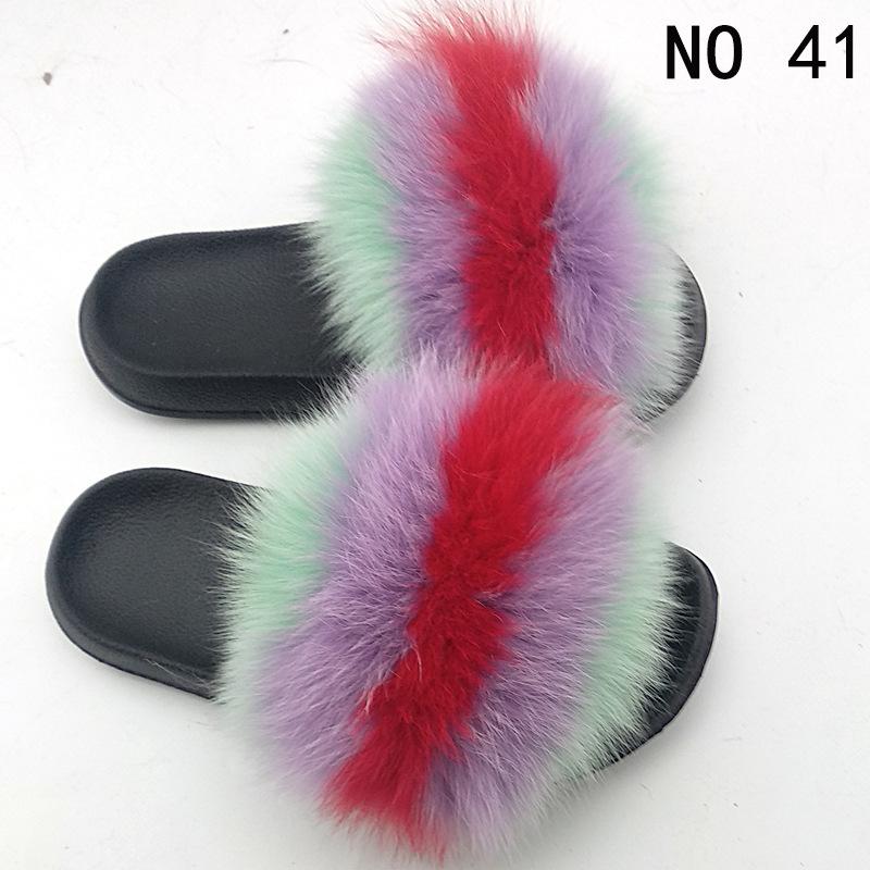 Fashion Flat with Real Fox Raccoon Fur Slides for Women and Ladies Slipper