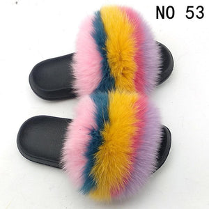 Fashion Flat with Real Fox Raccoon Fur Slides for Women and Ladies Slipper